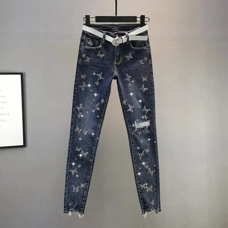 Spring Summer 2025 New Fashion Denim Pants Female Korean Version Elastic Rhinestones High Waist Jeans Pencil Pants