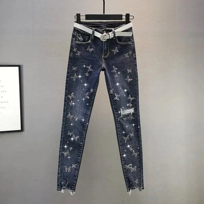Spring Summer 2025 New Fashion Denim Pants Female Korean Version Elastic Rhinestones High Waist Jeans Pencil Pants