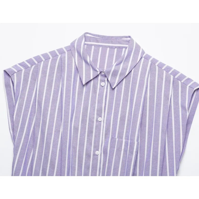Women's Striped Short Shirts New 2026 Spring Summer Women Simple Sleeveless Puffed Hem Shirts & Blouses Female Chic Tops
