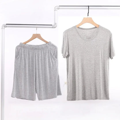 Summer Men's Modal Short Sleeve Shorts Set V-Neck Loose Fit Comfortable Sleepwear Home Clothes Mid-aged And Elderly Suitable