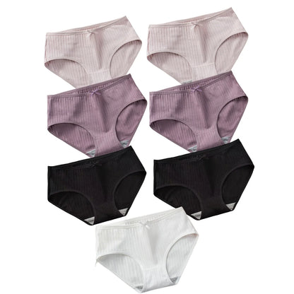 7Pcs/Set Women Cotton Ribbed Panties Mid-Rise Briefs with Bow Detail Comfort Breathable Underwear Sexy Lingerie Intimates M-XL