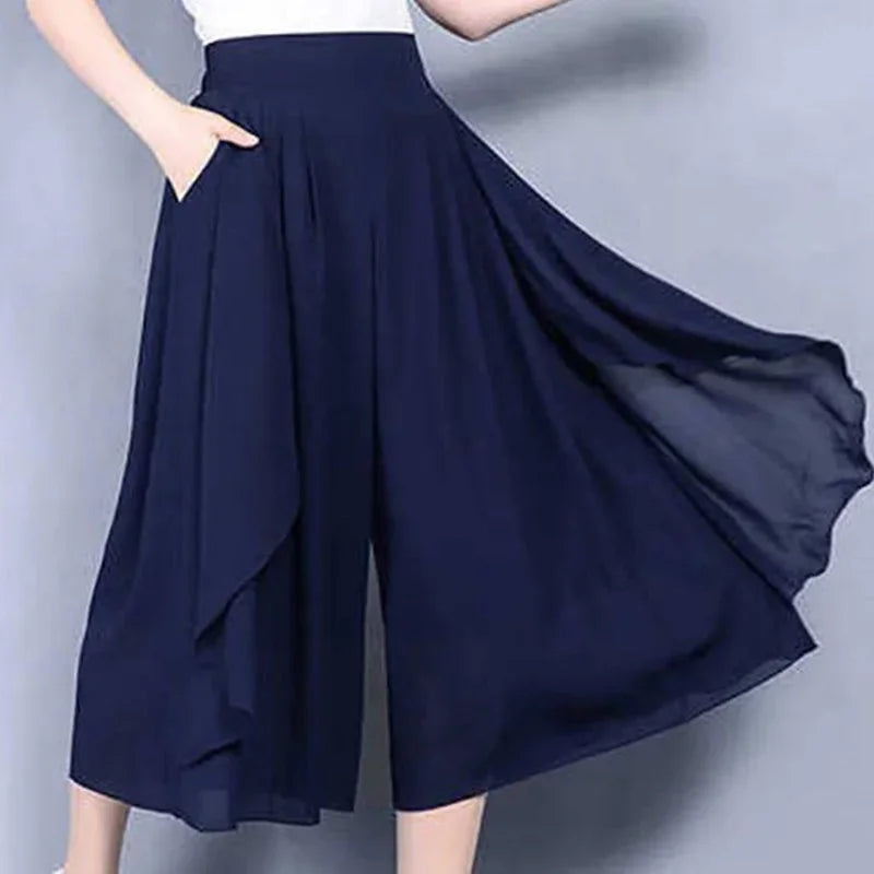 Elegant Solid Color Loose Elastic High Waist Folds Ruffles Capris Women's New Office Lady Commute Irregular Casual Pants