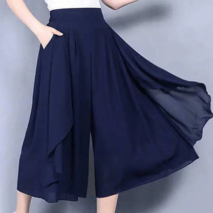 Elegant Solid Color Loose Elastic High Waist Folds Ruffles Capris Women's New Office Lady Commute Irregular Casual Pants