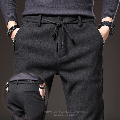 Good Quality Autumn Casual Pants Men Business Slim Elastic Waist Stretch Work Brushed Fabric Blue Trousers Male Brand Clothes