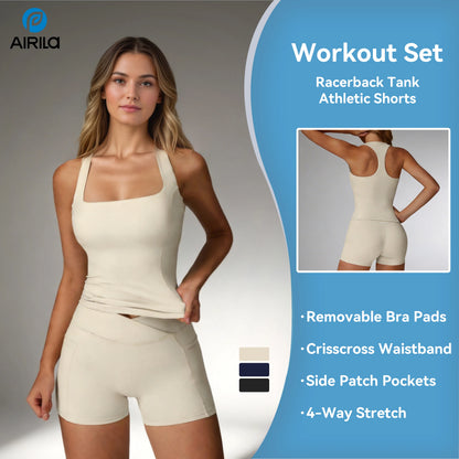 Airila 2 Pcs Women's Yoga Set Racerback Workout Outfits Push Up Sportswear Removable Pads Pockets Athletic Wear Butt Lifting