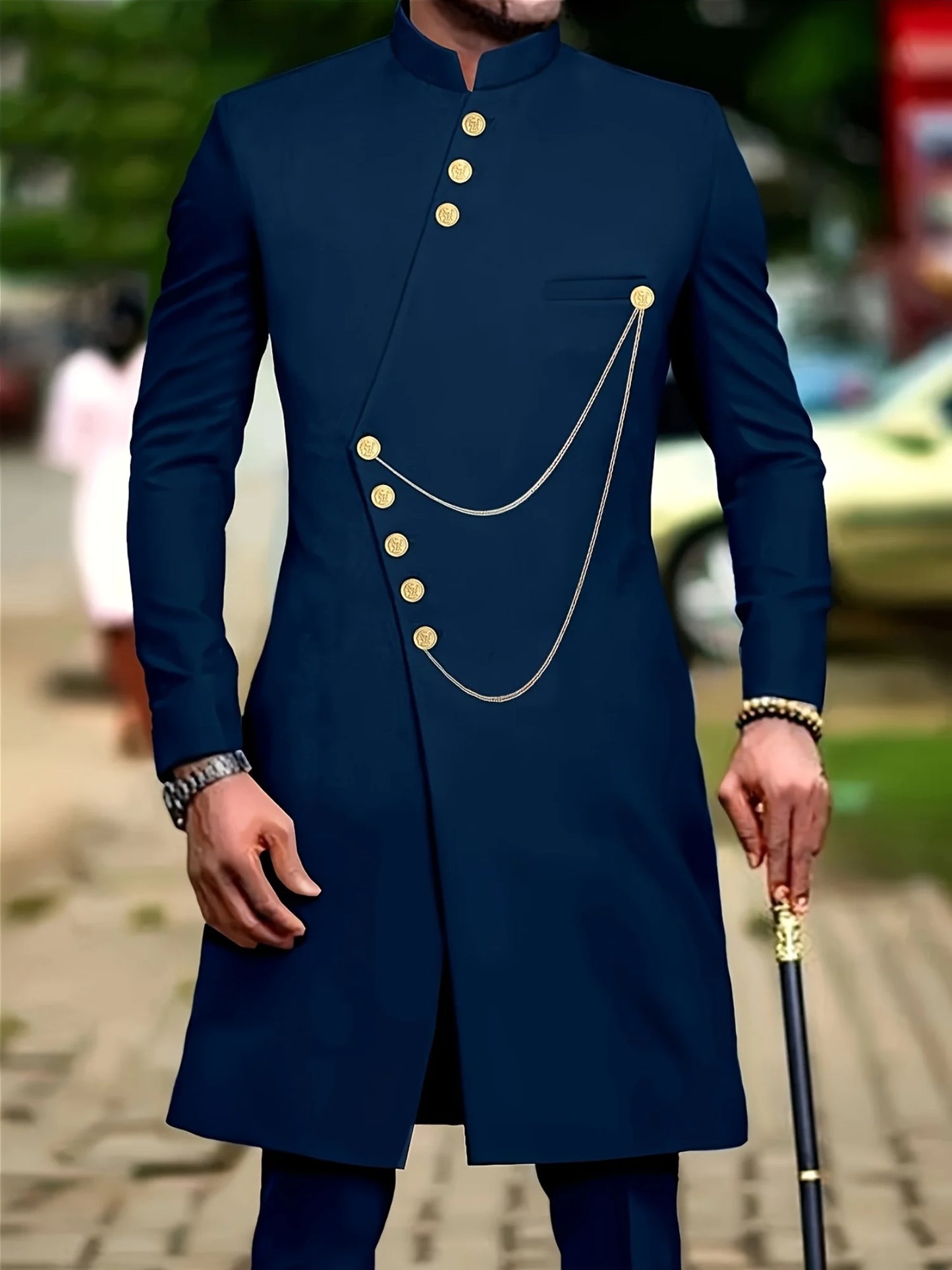 Men's casual two-piece suit set with long sleeves, mid-length jacket and trousers.