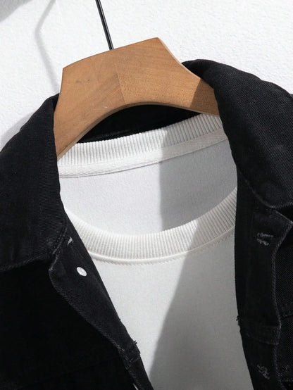 Men's spring-autumn denim jacket. Black minimalist coat. Daily casual. Stylish and trendy style.
