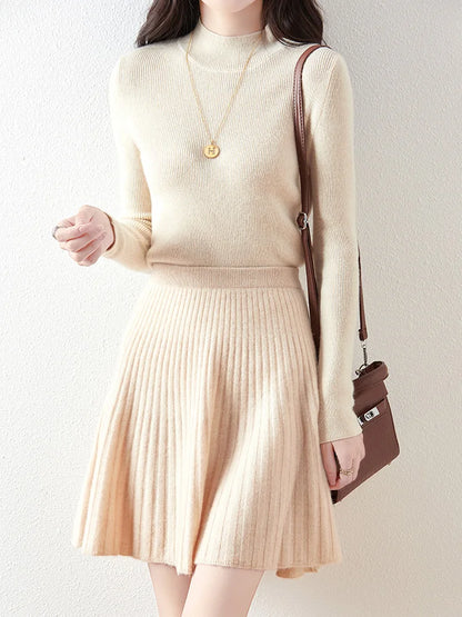 Women's Wave Short Skirt 100% Merino Wool Mini Skirts Autumn Winter Sweater Umbrella Skirt High Waist Stretch Sweet Knit Dresses