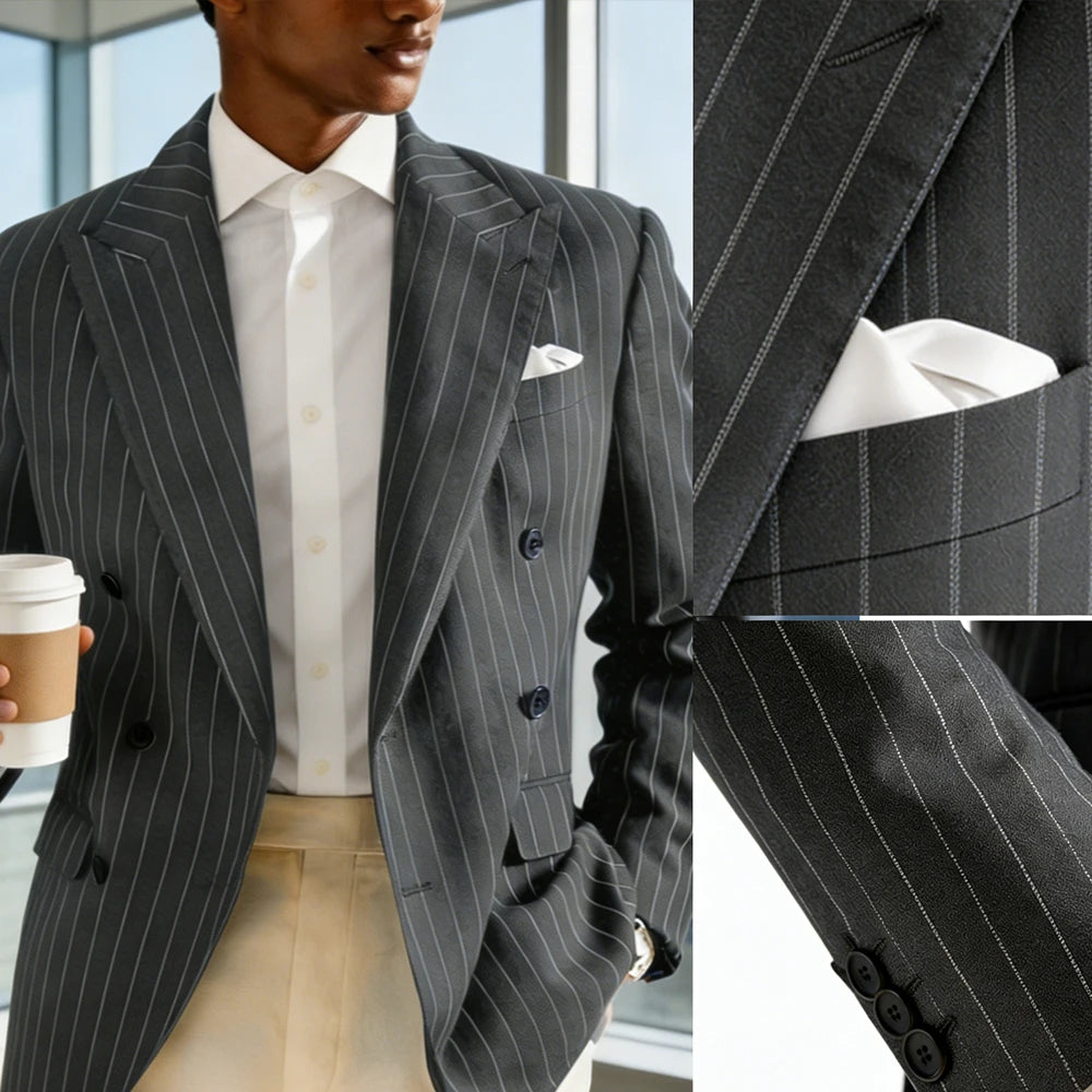 Men's Pinstripe Double Breasted Blazer Classic Peak Lapel Slim Fit Striped Suit Jacket For Party Prom Business Formal Coats