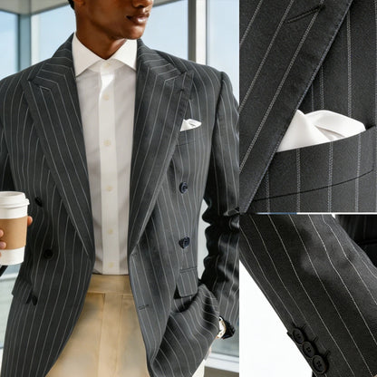Men's Pinstripe Double Breasted Blazer Classic Peak Lapel Slim Fit Striped Suit Jacket For Party Prom Business Formal Coats