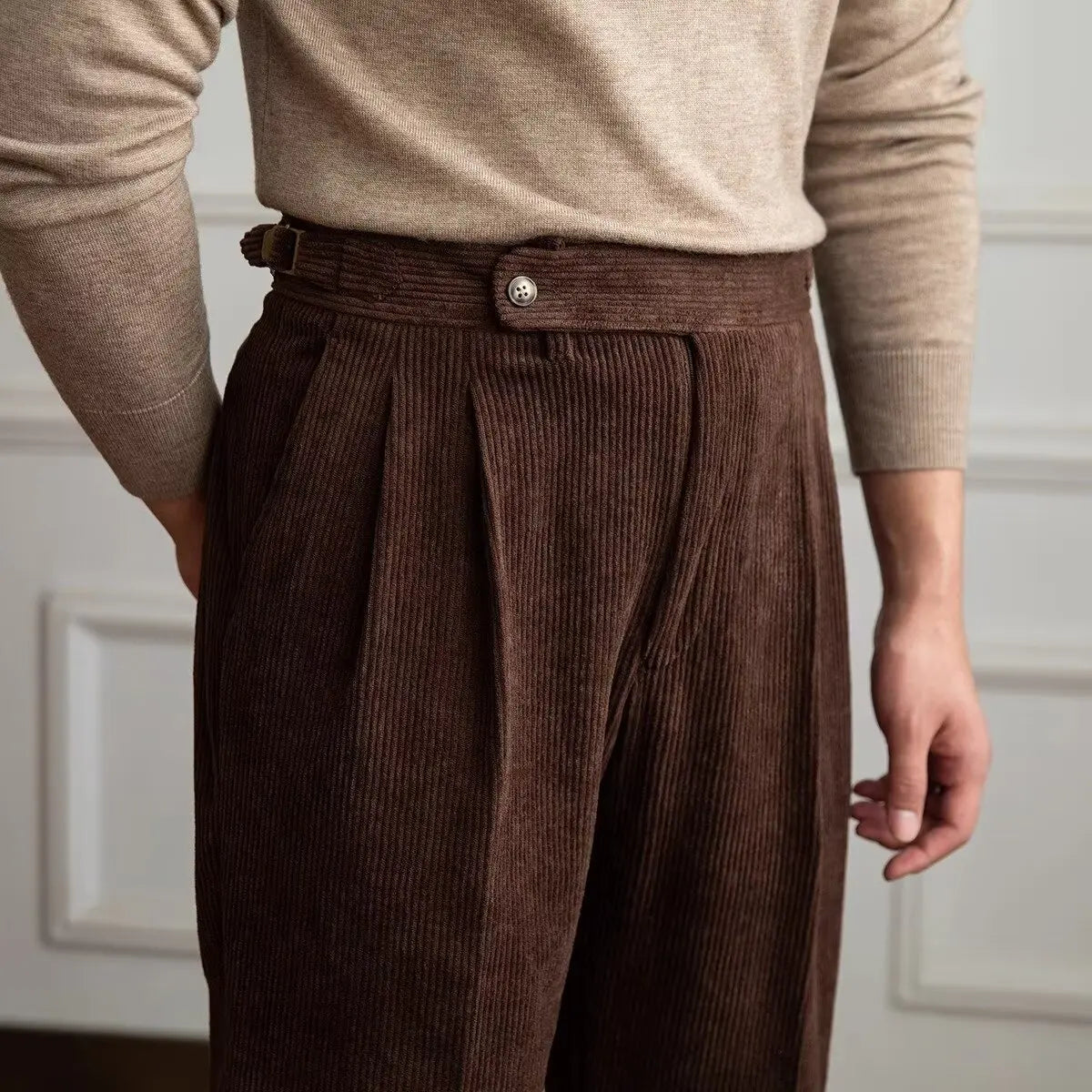 Classics Italian Naples Style Men's Suit Corduroy Pants Men High Waist Straight Work Formal British Business Brand Trousers Male