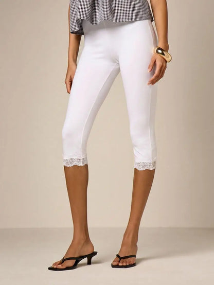 AiiRZ Lace Trim Capri Leggings High Waist Stretchy Jersey Crop Pants
