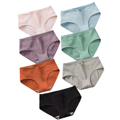 7Pcs/Set Women Cotton Ribbed Panties Mid-Rise Briefs with Bow Detail Comfort Breathable Underwear Sexy Lingerie Intimates M-XL