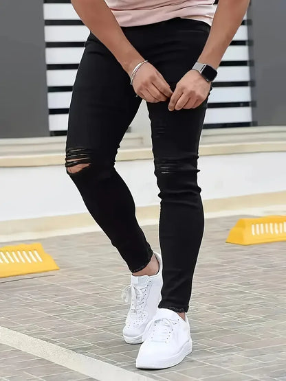 Men's Slim-Fit Ripped Jeans - Stylish Black Distressed Denim with Raw Hem,