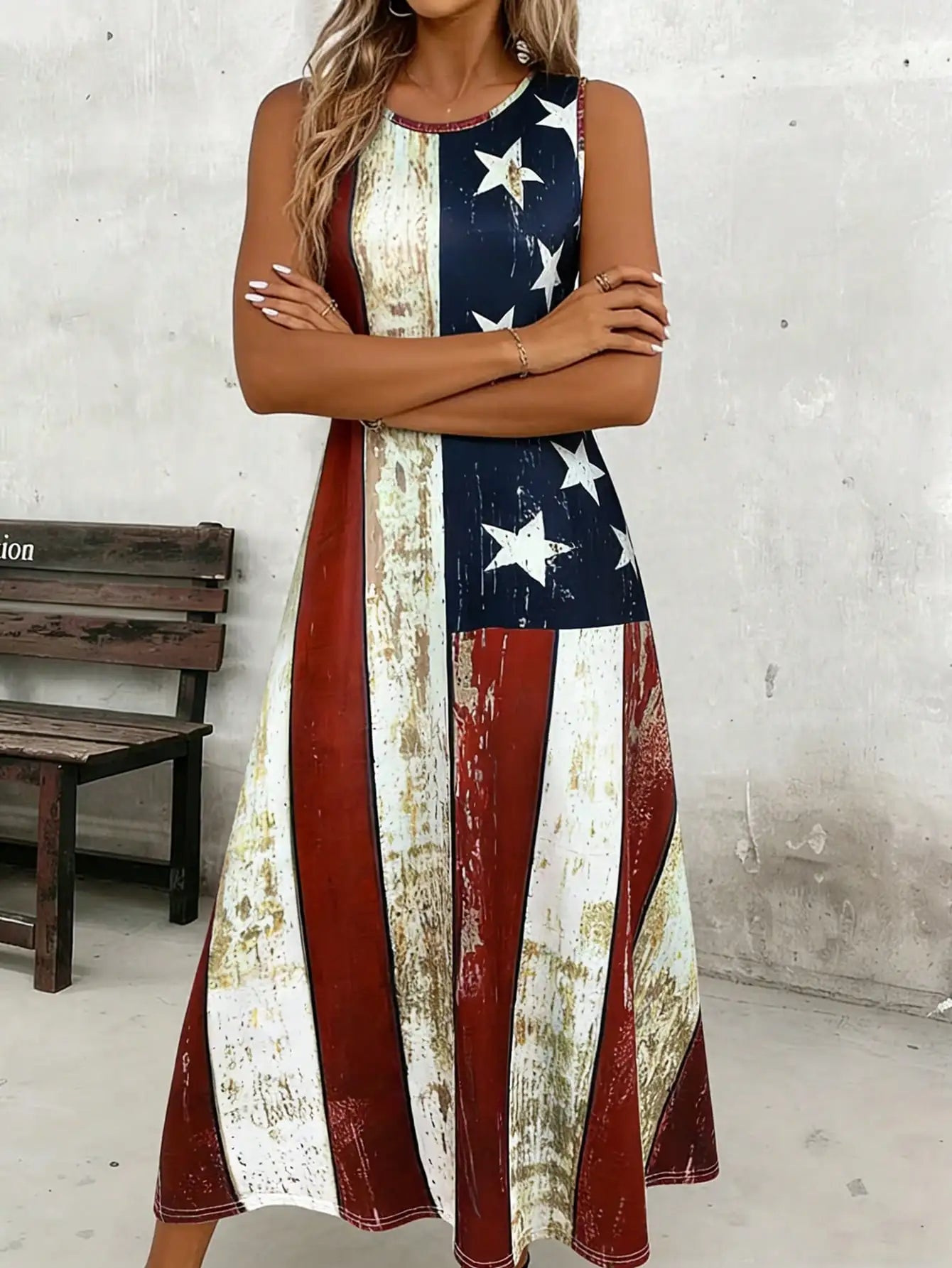 Women's Casual Long Tank Dress With American Flag Print- Round Neck Summer Sundress, Casual Vacation Outfit