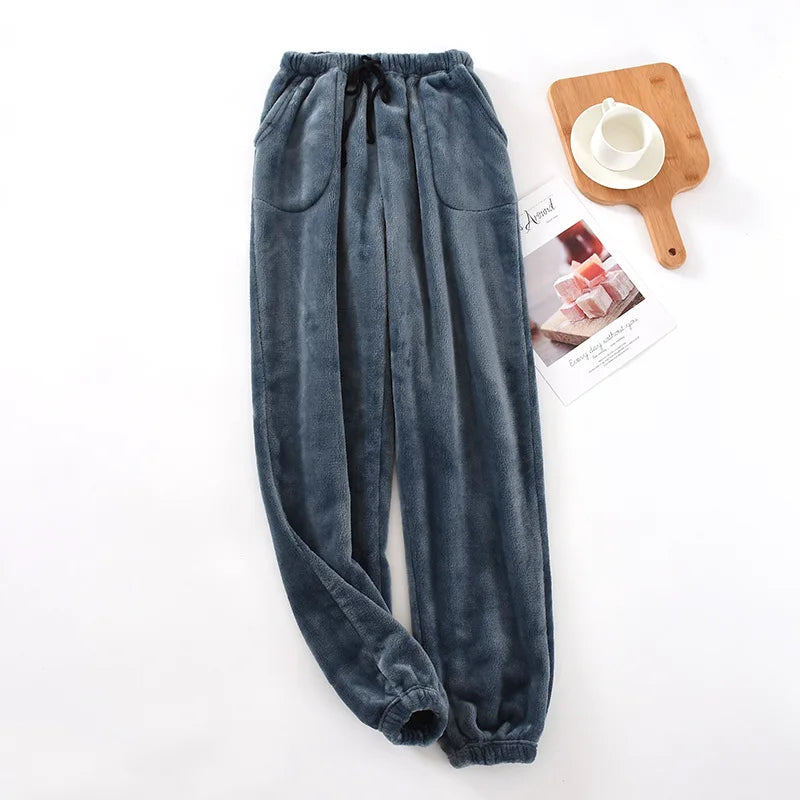 Men Sleep Pants Warm Pants Long Pants Fall Winter Flannel Elastic Cuff Loungewear Pants Loose Fit