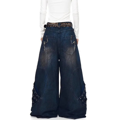 Y2K New American Vintage Old Stitching Burr Heavy Jeans Women Harajuku Baggy Wide-leg Pants Street Design Sense Pants