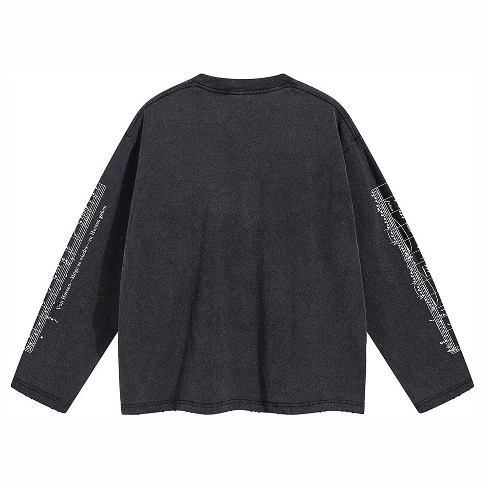 Gothic Print Oversized Y2k T-shirt Men Clothing Distressed Ripped Graphic T Shirts Vintage Punk Man Tops Long Sleeve Cotton Tees