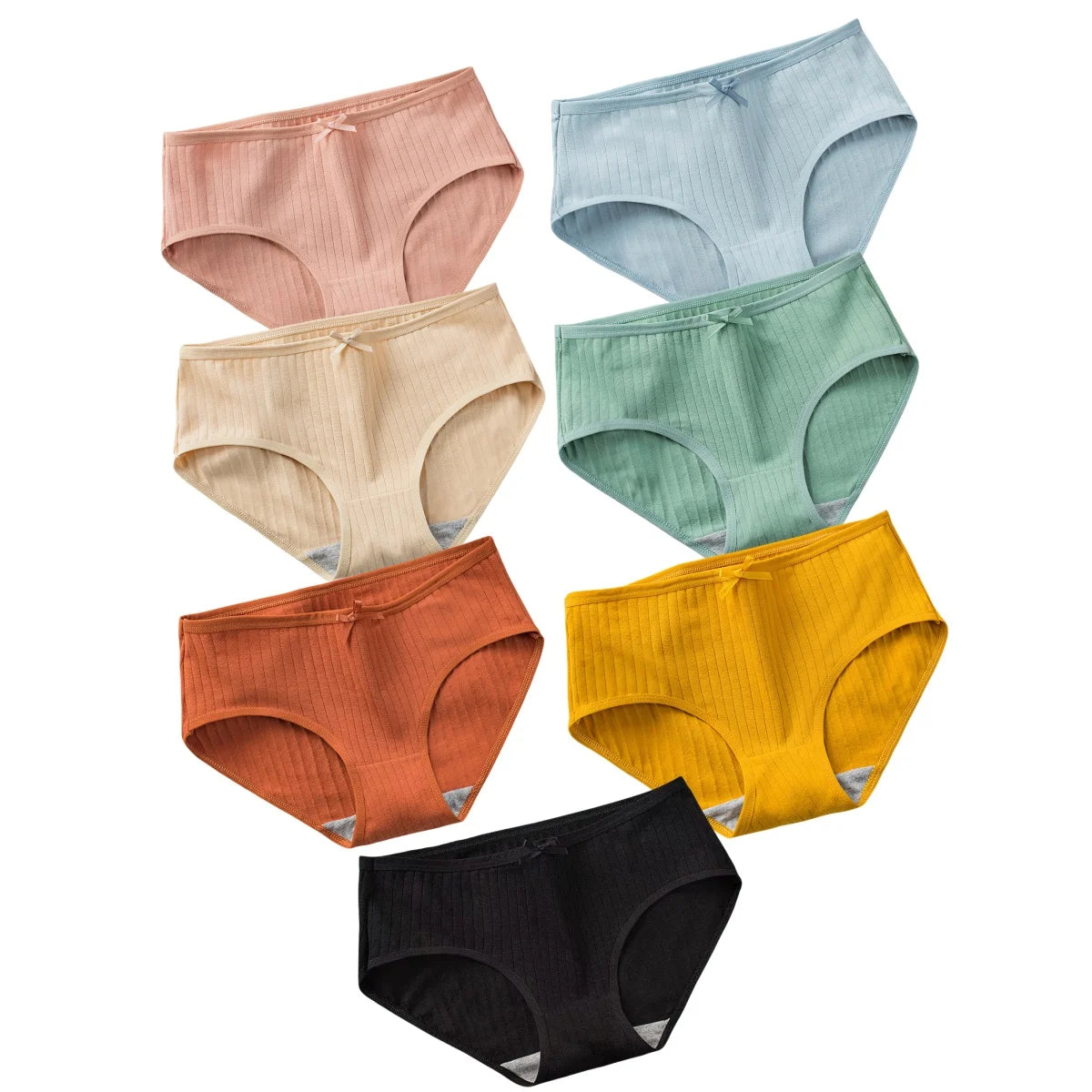 7Pcs/Set Women Cotton Ribbed Panties Mid-Rise Briefs with Bow Detail Comfort Breathable Underwear Sexy Lingerie Intimates M-XL