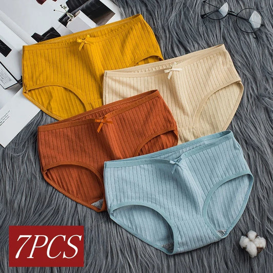 7Pcs/Set Women Cotton Ribbed Panties Mid-Rise Briefs with Bow Detail Comfort Breathable Underwear Sexy Lingerie Intimates M-XL