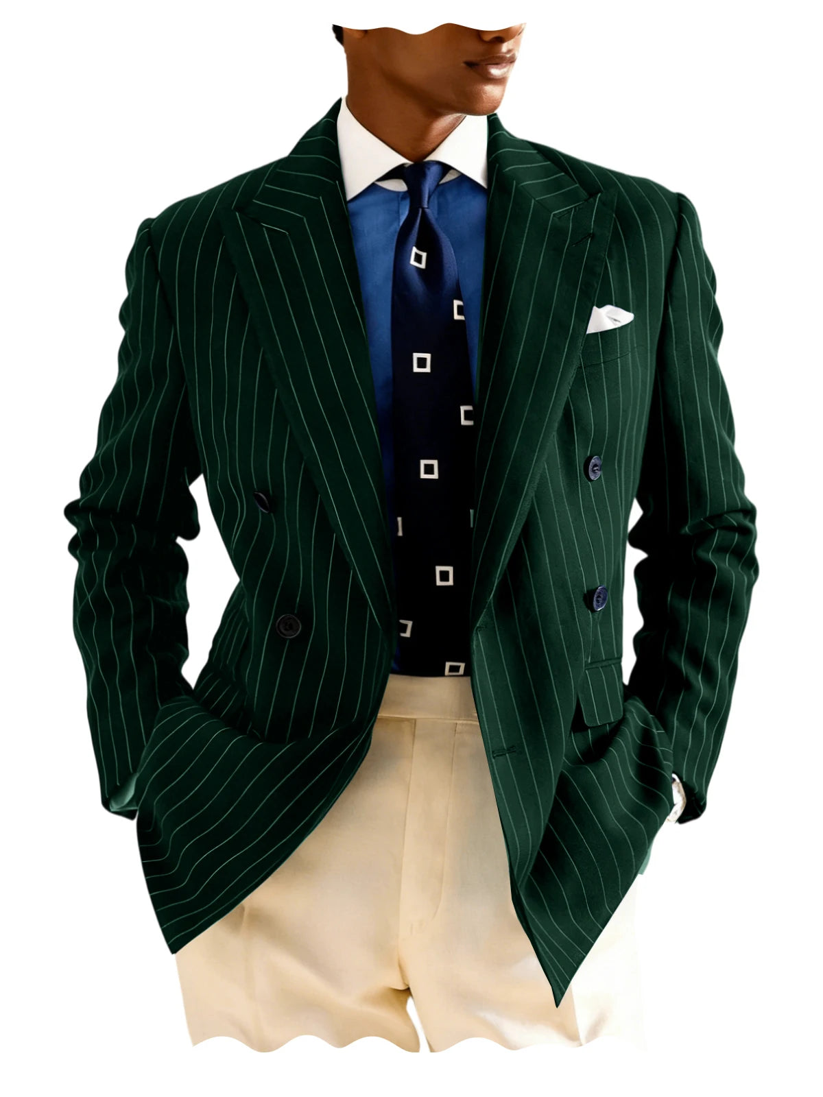 Men's Pinstripe Double Breasted Blazer Classic Peak Lapel Slim Fit Striped Suit Jacket For Party Prom Business Formal Coats