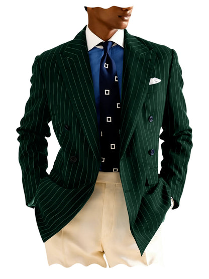 Men's Pinstripe Double Breasted Blazer Classic Peak Lapel Slim Fit Striped Suit Jacket For Party Prom Business Formal Coats