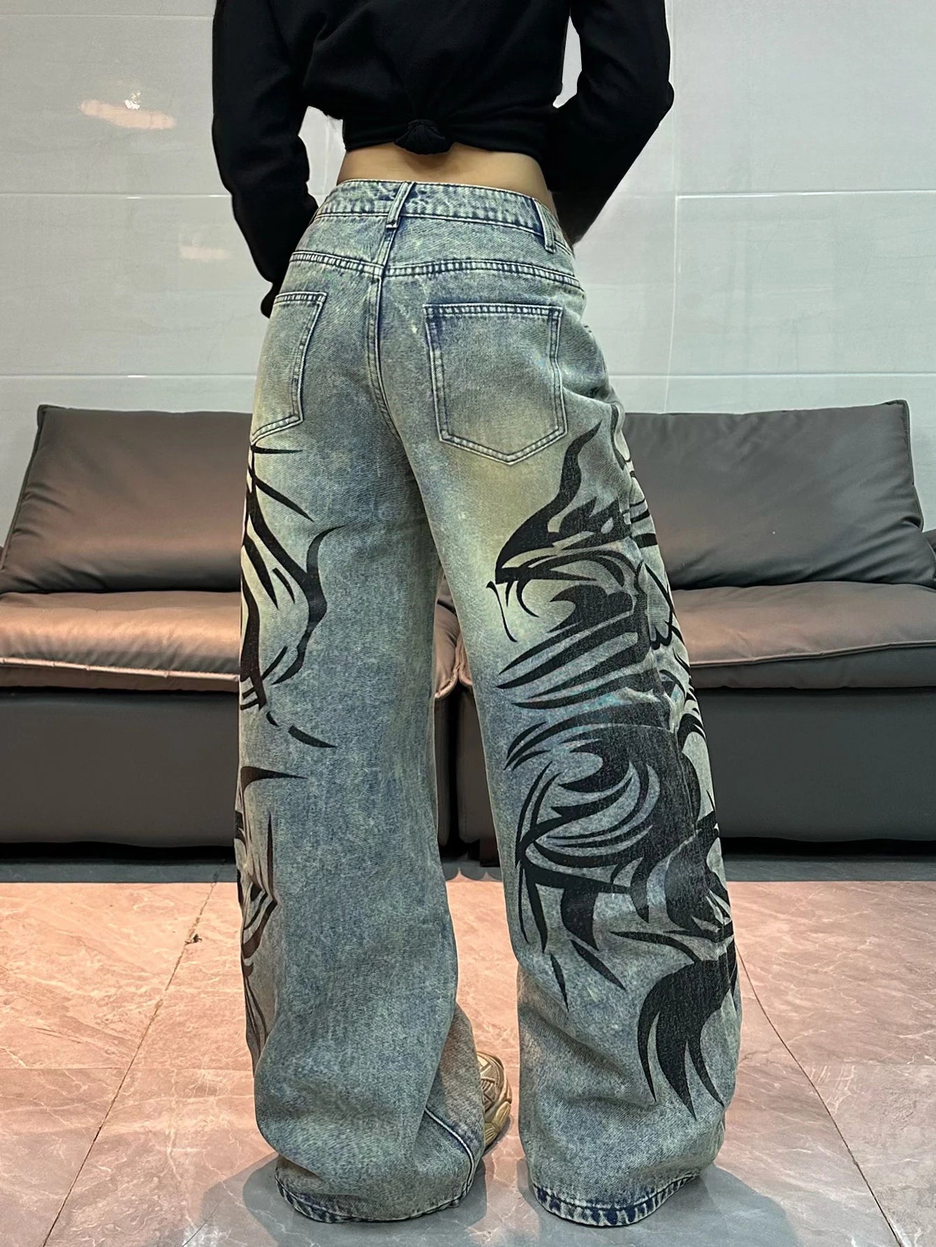American-Style Vintage Washed Distressed Totem Print Loose Jeans, Street Fashion Trendy Versatile High-Waist Wide-Leg Pants For Women