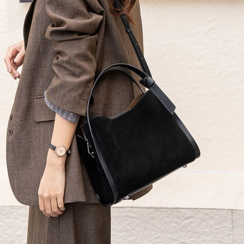 HIFASHION Luxury Genuine Leather Suede Bucket Bag For Women Vintage Top Handle Handbags Office Work Shoulder Crossbody Purses
