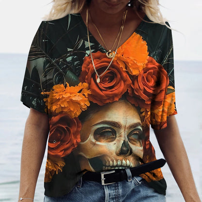 Skulls T-shirt Women's Shirt Fashion Short Sleeve New Casual Top Tee Ladies Girl Clothing V Neck T Shirt For Women