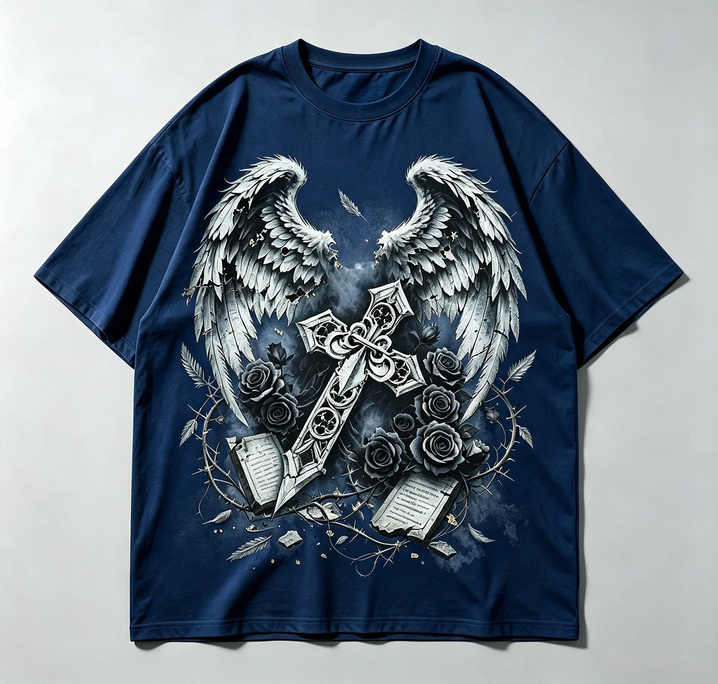 Vintage Gothic Angel Wings Cross Rose Graphic T Shirt Men Women Dark Aesthetic Streetwear Short Sleeve Casual Tee