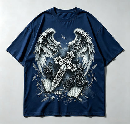 Vintage Gothic Angel Wings Cross Rose Graphic T Shirt Men Women Dark Aesthetic Streetwear Short Sleeve Casual Tee