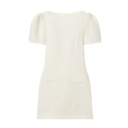Chic Elegant Women Short Sleeve Mini Dress Slim Fit High Waist Solid Midi Dresses Simple Bodycon Commuter Summer Dress ﻿