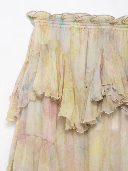 KONDALA Vintage Flower Print Long Skirts High Waist Ruffles Chiffon Skirts Fashion 2025 Autumn Boho Holiday Party Skirts