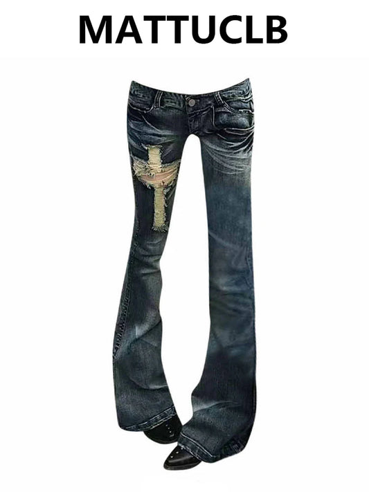 Women's Ripped Denim Pants Korean 2000s American Retro Skinny Abi Low Rise Flare Jeans Skinny Long Trousers