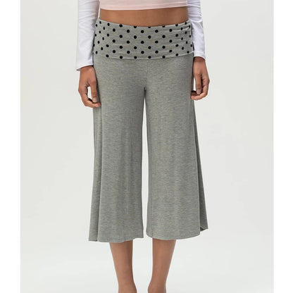 Women Vintage Fold Over Waist Gaucho Pants Low Rise Cropped Wide Leg Capri Pants y2k Foldover Culottes Yoga Pants Pajama Bottoms