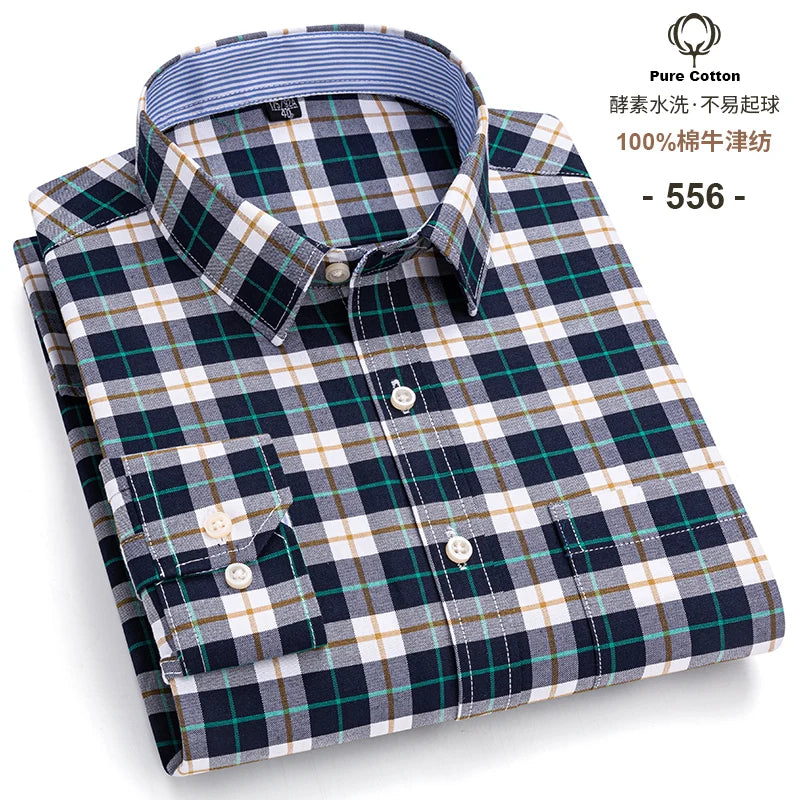 Men's Social Shirts Long Sleeve 100%Pure Cotton Oxford Buttoned Plaid Formal Male Casual Clothes Oversized Shirt Plus Size S-7XL