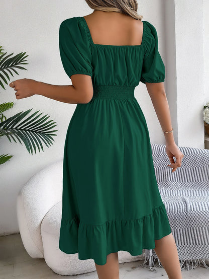Spring Summer Elegant High Waisted Dress Square Neck Short Sleeved Ruffled Edge Long Dresses 2026 Valentine's Day Woman Clothing