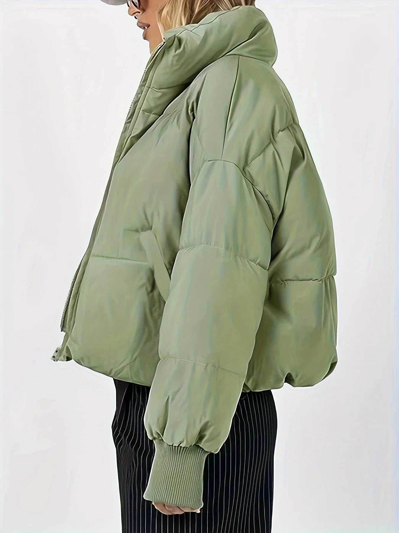 Thickened Oversized Cropped Puffer Jacket, Army Green Zip-Up Style, Women's Warm Top