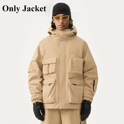 Unisex American Cargo Ski Jacket Loose Multi-Pocket Snow Coat Windproof Waterproof Warm Hooded Snowboard Jacket Men Women Skiing