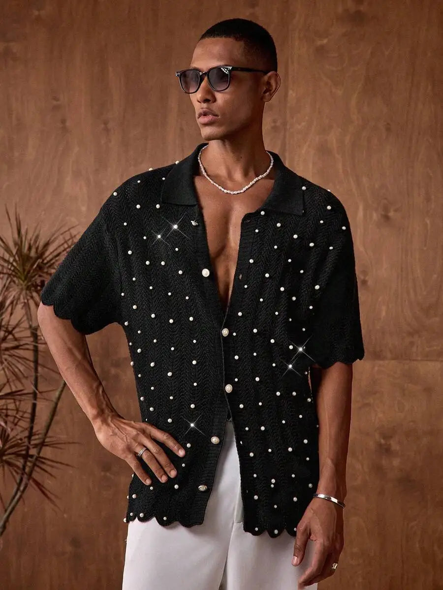 Mens Black Knitted Pearl Decor Casual Shirt Short Sleeve Button Up Summer Party Wear