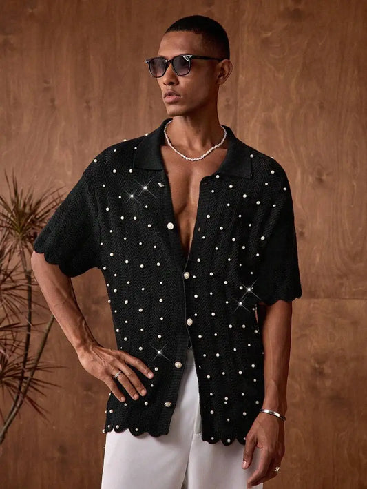 Mens Black Knitted Pearl Decor Casual Shirt Short Sleeve Button Up Summer Party Wear