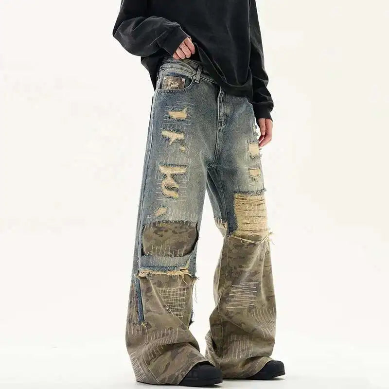 New 2026 High Street Men's Jeans Crewel Embroidery Camouflage Patchwork Hole Design Niche Washing Baggy Male Denim Pants
