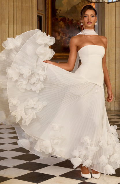 Women's Formal Evening Gowns Summer White Strapless Long Sash Back Handmade 3D Floral Sheer Long Gala Ceremony Dress