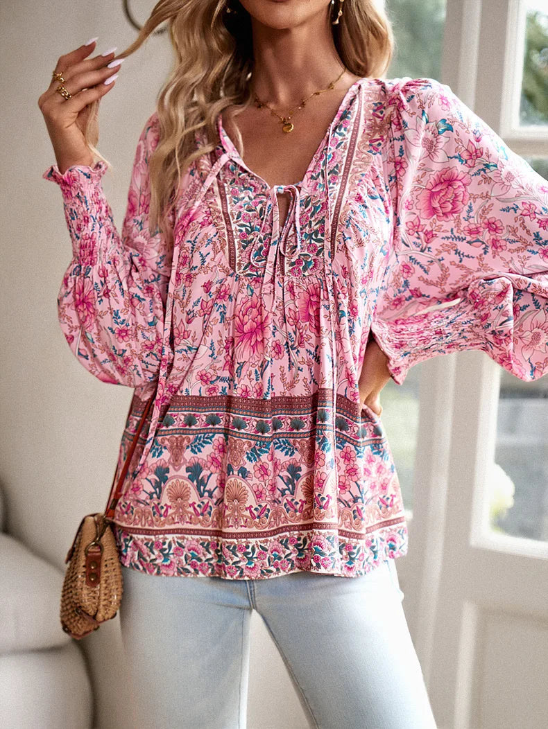 Ladies Bohemian Floral Print Long Sleeve Tops V Neck Tie Front Smocked Cuff Casual Peplum Blouse