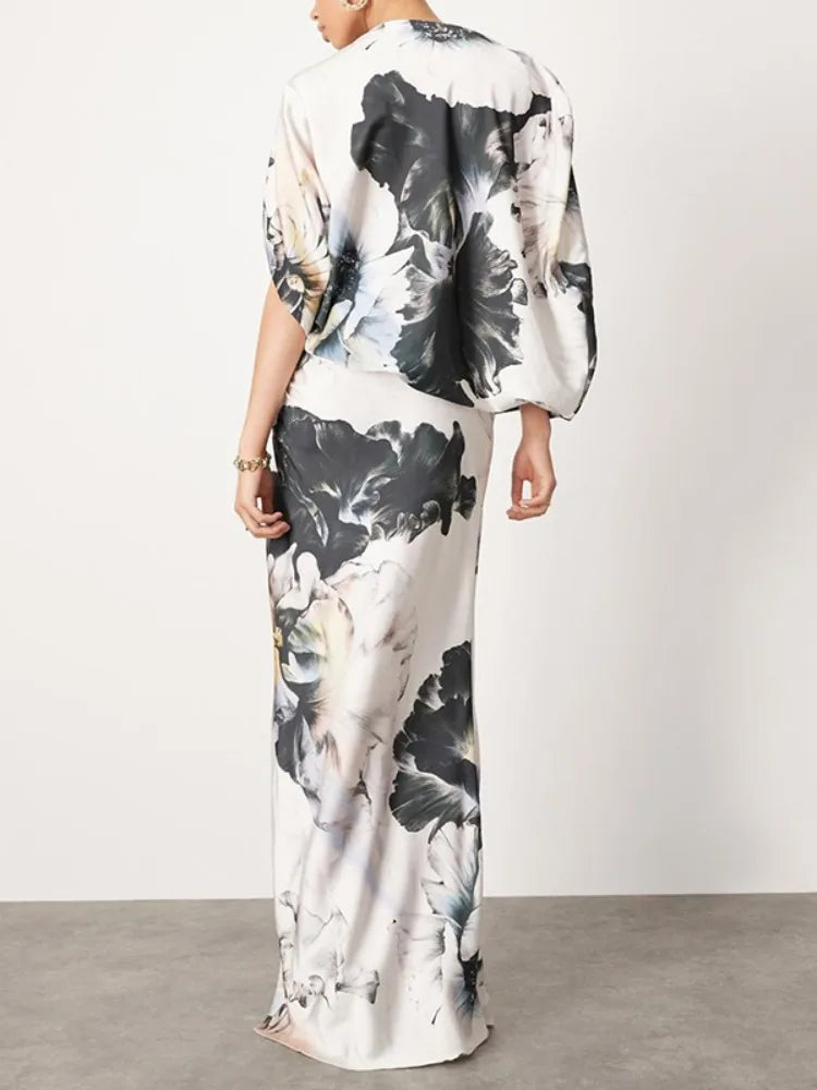 Gymystars Fashion Evening Dresses Floral Printed Long Dress for Women Summer Art Asymmetric Bat Sleeves One-Shoulder Party Dress