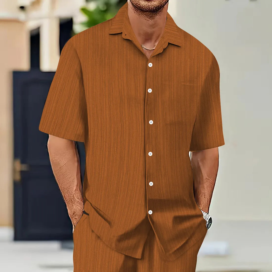 Hot Sale Men's Short-Sleeved Shirts Summer Solid Color Turn-down collar Casual Beach Style Plus Size