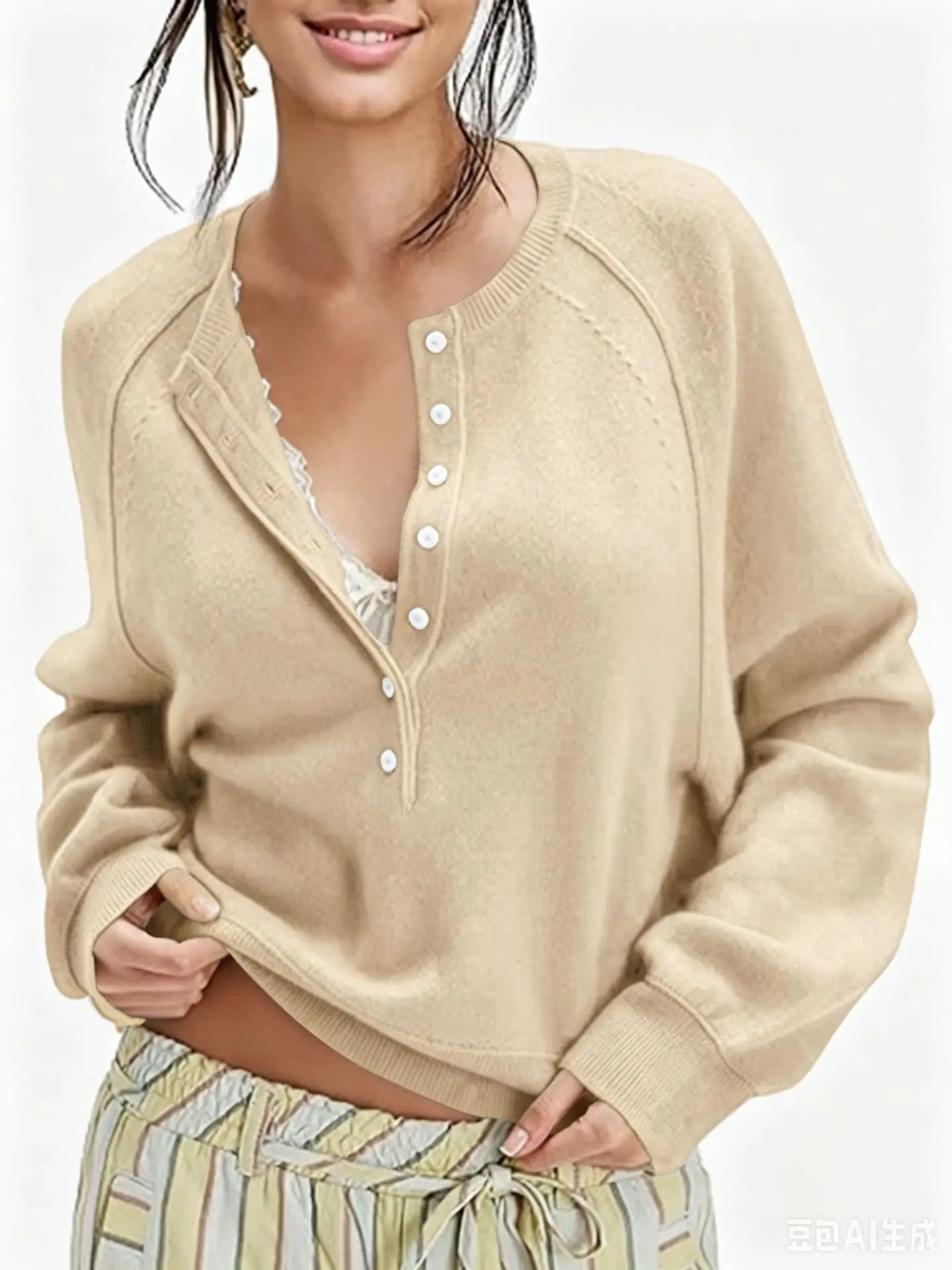 Women's Long-Sleeve Knitted Sweater, Half-Button Design, Henley Collar, Casual Style, lightweight Material, Solid Color Pullover Knitwear.