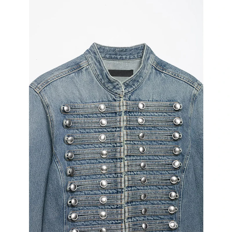 YENKYE Women's Cropped Denim Jacket Front Button Frayed Hem Stand Collar Streetwear Coat