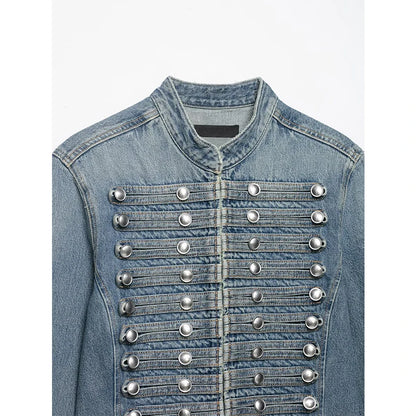 YENKYE Women's Cropped Denim Jacket Front Button Frayed Hem Stand Collar Streetwear Coat