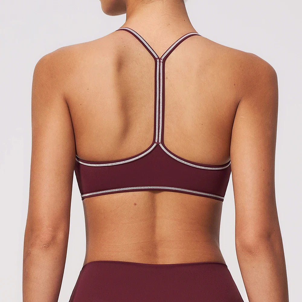 Women Deep V Neck Sports Bra with Contrast Piping Y Back Racerback Padded Gym Workout Yoga Bras Female Activewear Push Up Top